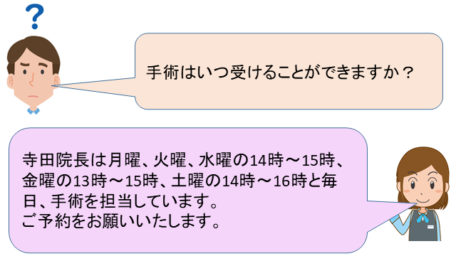 患者B:手術はいつ受けることができますか？受付：寺田院長は月曜、火曜、水曜の14時～15時、金曜の13時～15時、土曜の14時～16時と毎日、手術を担当しています。ご予約をお願いいたします。