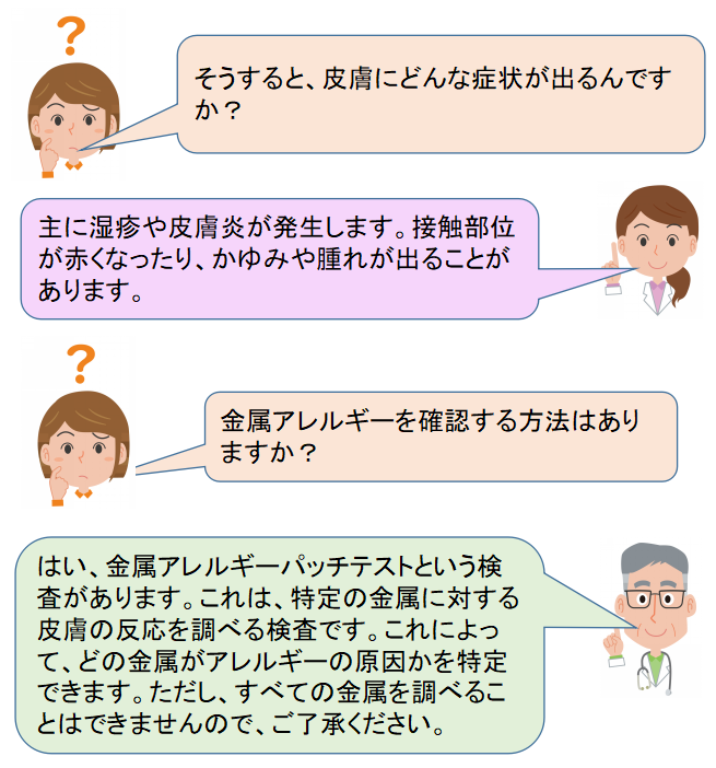 患者:先生、金属アレルギーって具体的にどういうものなんですか？ドクター:金属アレルギーは、金属が原因で起こる接触性皮膚炎です。日常生活で使う物や装飾品、医薬品などに含まれる金属が汗と反応して、金属イオンが発生するんです。これが皮膚のタンパク質と結合すると、アレルギー反応が起こります。患者:それはどうして起こるんですか？ドクター:金属イオンが皮膚のタンパク質と結合すると、体がこれを異物と認識して反応します。この反応は、ランゲルハンス細胞が樹状細胞に情報を伝達し、T細胞が教育されることで、感作が成立します。その後、同じ金属に再度触れると、教育されたリンパ球が反応して、炎症を引き起こすんです。患者:そうすると、皮膚にどんな症状が出るんですか？ドクター:主に湿疹や皮膚炎が発生します。接触部位が赤くなったり、かゆみや腫れが出ることがあります。患者:金属アレルギーを確認する方法はありますか？ドクター:はい、金属アレルギーパッチテストという検査があります。これは、特定の金属に対する皮膚の反応を調べる検査です。これによって、どの金属がアレルギーの原因かを特定できます。