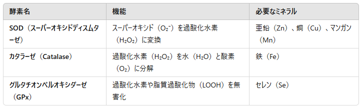 各抗酸化酵素と必要なミネラルの関係
