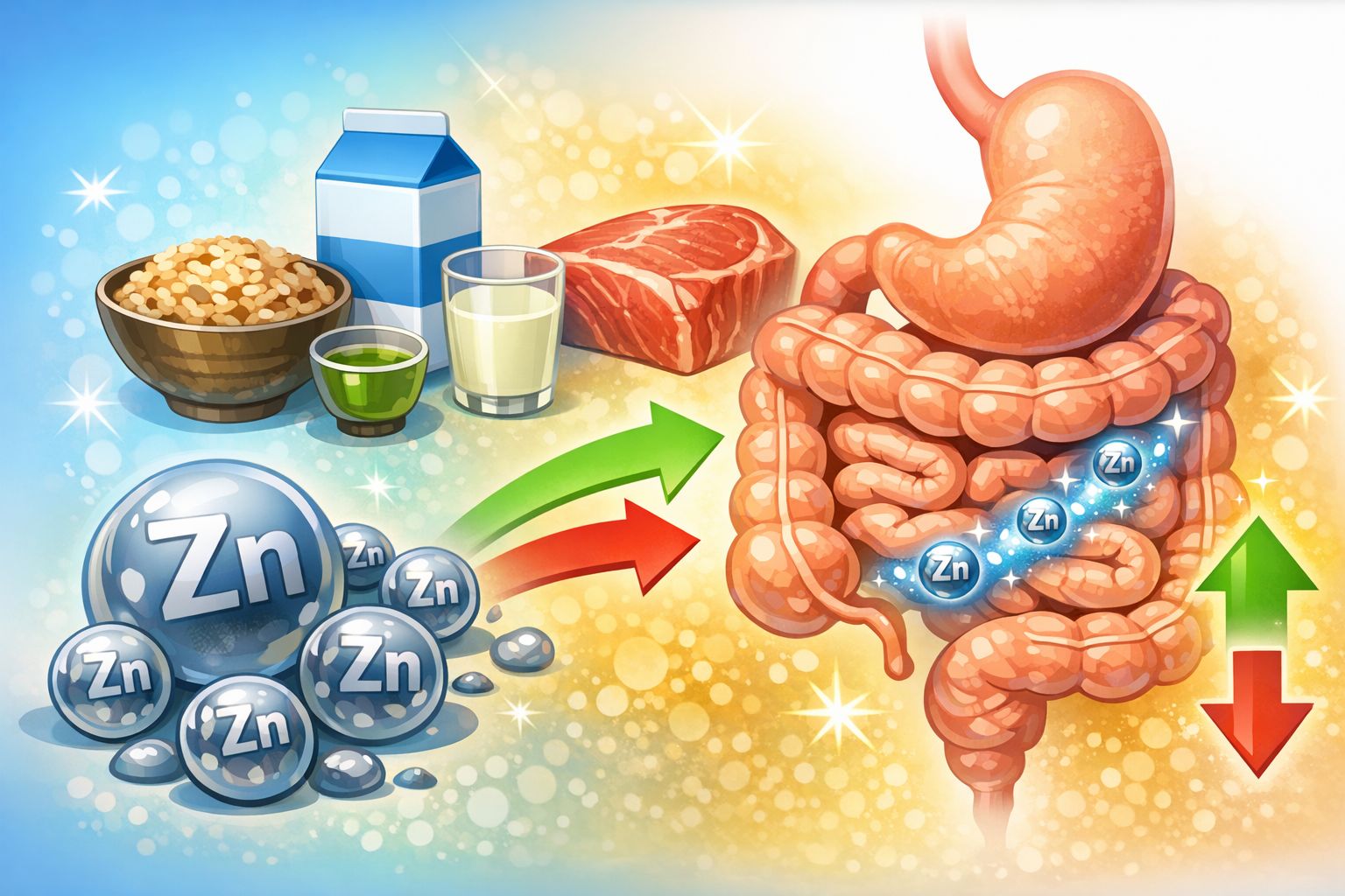亜鉛サプリの吸収と食品の関係を示すイラスト